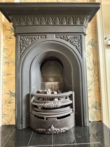 Ornate Cast Iron Fireplace and Black Granite Hearth and Nu Flame Gas Fire