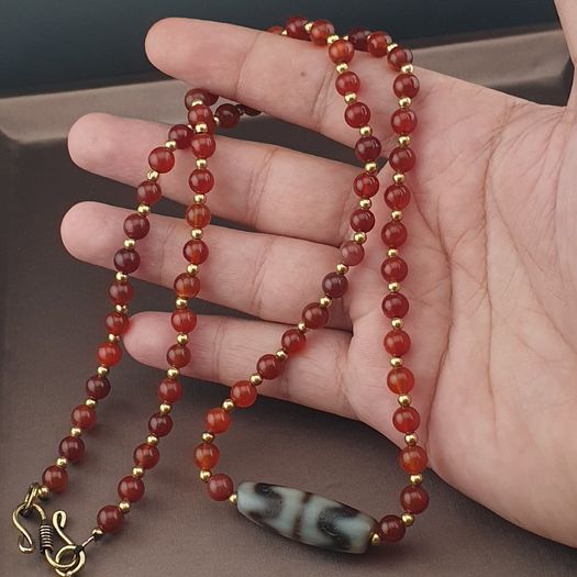 Antique Zigzag Tibetan Agate Pendant With Carnelian Beads Necklace