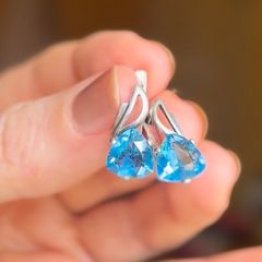Handcrafted 925 Silver Earrings with Blue Trillion Stones