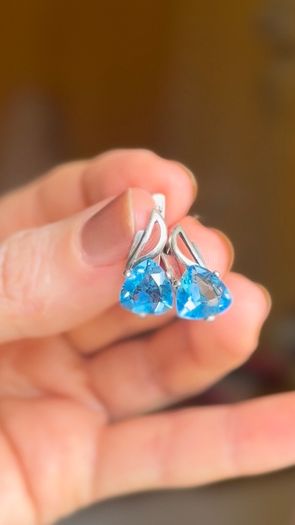 Handcrafted 925 Silver Earrings with Blue Trillion Stones