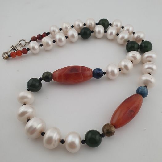 Authentic Freshwater Pearl Necklace with African Carnelian & Jade Beads