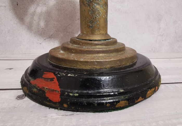 Antique Matador 15" Oil Lamp Glass Wood Base Brass Stem Burner Torch Light