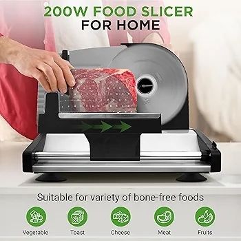 Electric Meat Slicer 200W Compact Deli and Bread Slicer with Adjustable Thickness Dial 0-15 mm, Removable Stainless Steel Blade, Countertop Food Slicer for Kitchens, Home