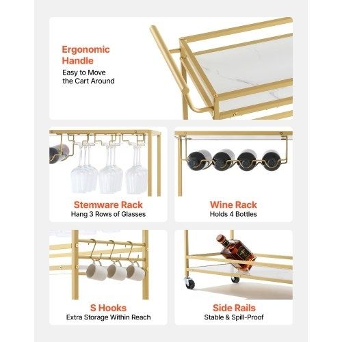 Bar Cart, 3 Tiers Home Kitchen Serving Carts, Modern Rolling Utility Station on Wheels, Mobile Drink Beverage Trolley with Wooden Shelf, Wine Rack, and Glass Holder, 910x330x935mm, Gold