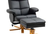 Faux Leather Swivel Recliner Chair with Footstool, Wooden Base and Storage for Living Room, Black (FREE POSTAGE)