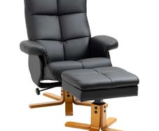 Faux Leather Swivel Recliner Chair with Footstool, Wooden Base and Storage for Living Room, Black (FREE POSTAGE)