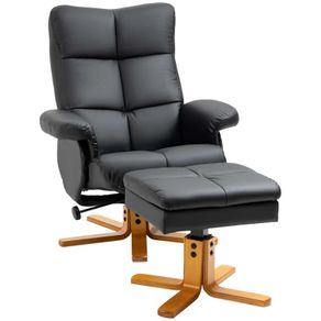 Faux Leather Swivel Recliner Chair with Footstool, Wooden Base and Storage for Living Room, Black (FREE POSTAGE)