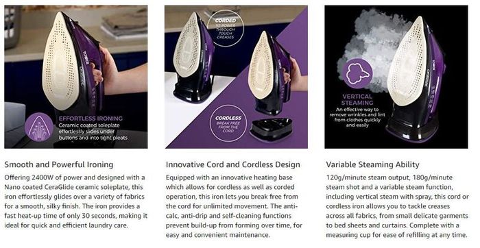 Tower T22008 CeraGlide Cordless Steam Iron with Ceramic Soleplate and Variable Steam Function, Purple