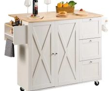 Kitchen Island Cart with Solid Wood Top, 115 cm Width Mobile Carts with Storage Cabinet, Rolling Kitchen Table with Spice Rack, Towel Rack