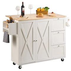 Kitchen Island Cart with Solid Wood Top, 115 cm Width Mobile Carts with Storage Cabinet, Rolling Kitchen Table with Spice Rack, Towel Rack