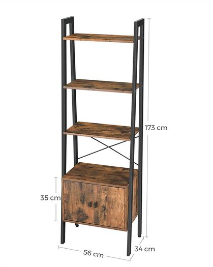 _Standing shelf, ladder shelf, bookcase with cupboard, living room shelf, 4 shelves, sturdy iron frame, bedroom, office, 56 x 34 x 173 cm, industrial design, vintage, dark brown