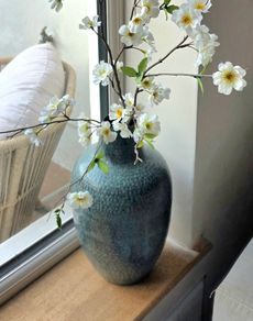 Metal Vase & Fake Peach Blossom Flowers