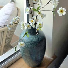 Metal Vase & Fake Peach Blossom Flowers