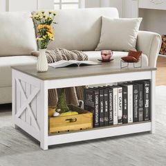 Farmhouse Coffee Table, Square Coffee Table with Open Storage Compartment