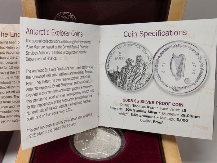 Ireland Silver Proof 2008 Antarctic Explorers Series Ernest Shackleton and Tom Crean 5 Euro Coin in Original Holder with COA