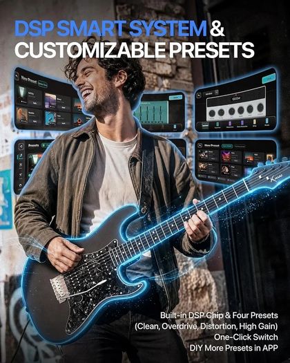 Smart Electric Guitar with Built-in DSP Effects, 4 Presets, USB-C OTG Recording, Headphone Output, Alnico Pickups w/Coil Split, Carbon Fiber Body, Gig Bag, Strap, Cable & Picks