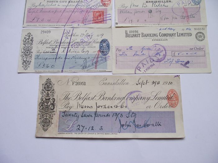 A Collection of 7 Vintage Cheques from Belfast Banking Company Ltd (1910-1951)