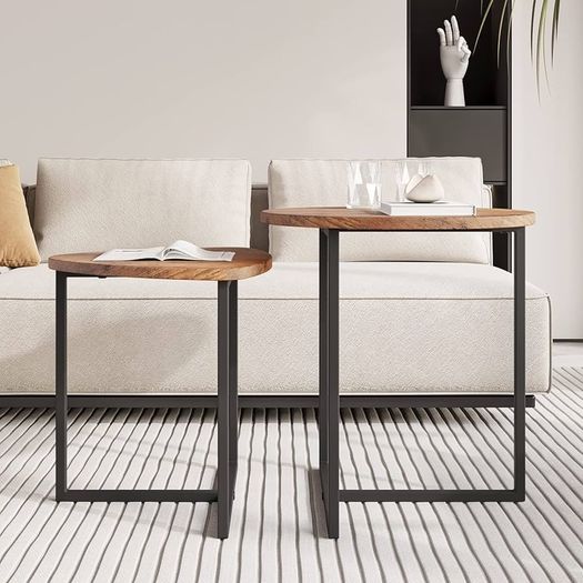 Round Coffee Table Set of 2,Small Coffee Living Room Tables,Round Side Table,Industrial End Table,Metal Frame with Wood Look Accent Furniture,Sofa Tea Cocktail Table for Living Room,Black