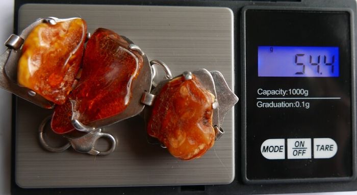 54.4gr giant UNIQUE Baltic Amber Bracelet, SET IN STERLING SILVER 925, Dark Honey Amber Chain and Link Bracelet with natural Inclusions