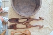African wooden salad bowl and servers and antelope carving