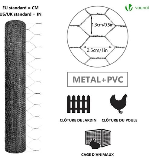 Chicken Wire Mesh Roll, PVC Coated Hexagonal Wire Mesh Fencing, Wire Poultry Netting, 1m x 50m, Hole Size: 13mm, Grey