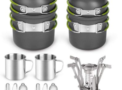 16pcs Camping Cookware - Cooking Set Mess Kit for 2 People, 2 Lightweight Pot Pan 2 Cups and Mini Stove, Stainless Steel Tableware Kits for Backpacking, Outdoor Trekking Hiking and Picnic