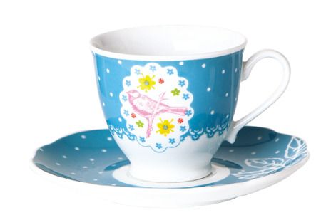 Porcelain Tea Cup Set Floral Birds With Saucers