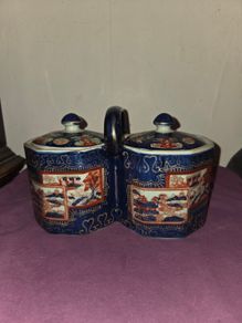 Antique hand painted Ironstone double biscuit jar