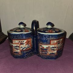 Antique hand painted Ironstone double biscuit jar