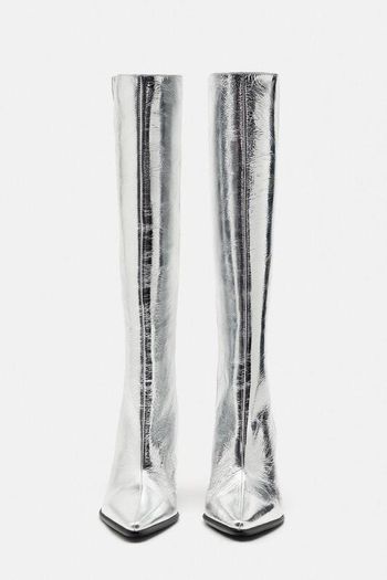 Zara Leather Block Heel Knee-high Boots Silver