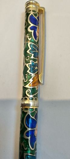 Cloisonne Floral Ink Pen : Vintage (1990) green and gold