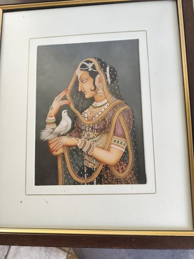 Framed Indian Folk Art, Royal Princess with Pigeon, Mughal Art, Indian Royal Queen , Indian Prints, Indian Printable Wall Art, Indian Art, Vintage