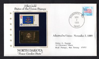1988 USA  North Dakota "Peace Garden State" 22kt Gold Replica of the 1976 United States Flag Stamps showing 25c US flag definitive tied Bismarck, North Dakota (state capital) illustrated cover