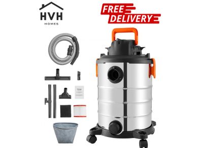 Wet/Dry Shop Vacuum Vac 30L 6 Peak HP w/ Nozzle Stainless Steel Silver