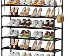 Metal Shoe Rack, 10 Tier Shoe Storage Organizer with Hooks,Fit 40-45Pairs Shoes,Metal Tall Shoe Shelf for Closet,Entryway,Garage,Bedroom,Cloakroom