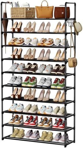 Metal Shoe Rack, 10 Tier Shoe Storage Organizer with Hooks,Fit 40-45Pairs Shoes,Metal Tall Shoe Shelf for Closet,Entryway,Garage,Bedroom,Cloakroom