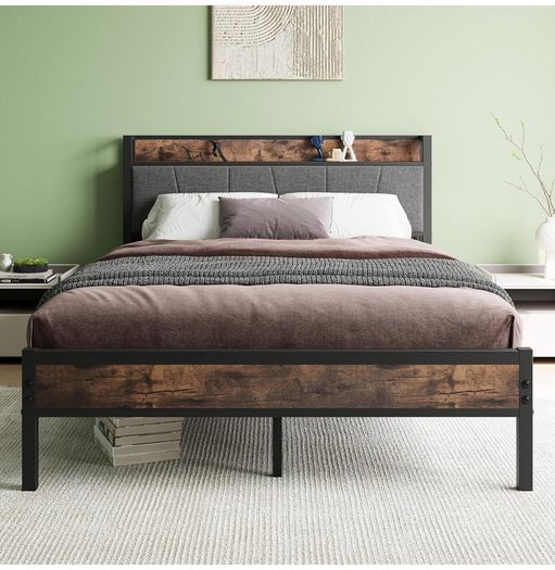 Double Bed Frames with Storage Headboard,Heavy Duty Metal Upholstered Platform Bed Frame