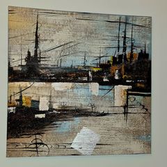 New Abstract boatyard Greys and Blues Canvas Picture 23.5" x  23"