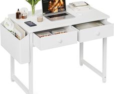 Small Computer Desk with 2 Fabric Drawers, 32 Inch Home Office Desk with Storage Bags and Drawers, Study Writing Gaming Table for Small Spaces, White