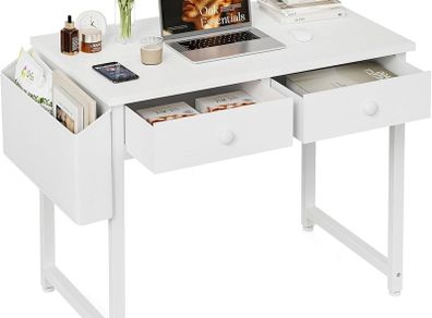 Small Computer Desk with 2 Fabric Drawers, 32 Inch Home Office Desk with Storage Bags and Drawers, Study Writing Gaming Table for Small Spaces, White