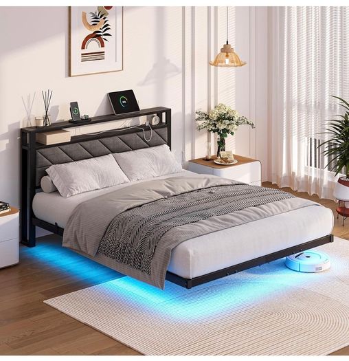 4ft6 Upholstered Floating Double Bed Frame Black, Storage Headboard Metal Bed Frame with LED Lights and Charging Station, Heavy Duty Metal Slat Support, Noise Free, No Box Spring Needed