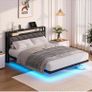 4ft6 Upholstered Floating Double Bed Frame Black, Storage Headboard Metal Bed Frame with LED Lights and Charging Station, Heavy Duty Metal Slat Support, Noise Free, No Box Spring Needed Image 4