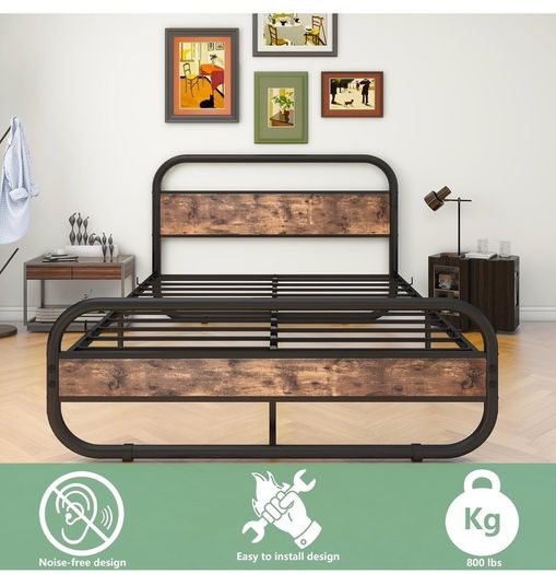 King Size Bed Metal Platform Bed Frame with Wood Headboard,