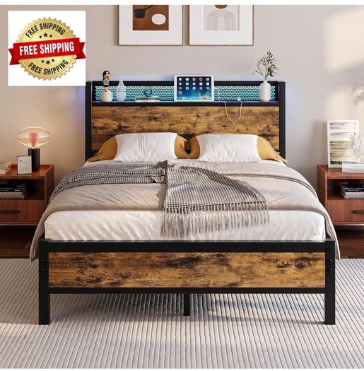 4ft6 Double Bed Frame with LED Lights&Charging Station,Brown Metal Platform Bed with Storage Headboard, Mattress Foundation, Metal Slat Support ,No Box Spring Needed,Under-bed Storage