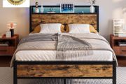 4ft6 Double Bed Frame with LED Lights&amp;Charging Station,Brown Metal Platform Bed with Storage Headboard, Mattress Foundation, Metal Slat Support ,No Box Spring Needed,Under-bed Storage
