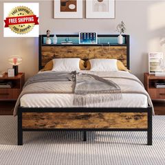 4ft6 Double Bed Frame with LED Lights&Charging Station,Brown Metal Platform Bed with Storage Headboard, Mattress Foundation, Metal Slat Support ,No Box Spring Needed,Under-bed Storage