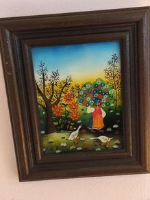 Folk Art Original Naive Vintage Art Reverse Glass