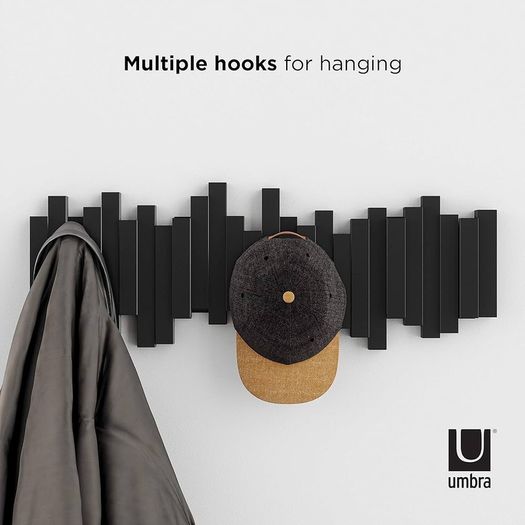 FREE P&P Multi Hook Coat Rack - Modern, Unique, Space-Saving Wall Mounted Hanger with 5 Flip-Down Hooks for Hanging Coats, Scarves, Purses and More, Black