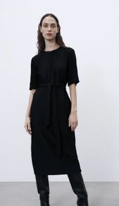 Zara black round neck midi belted dress with contrast knit sleeves, size L- UK 12