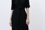 Zara black round neck midi belted dress with contrast knit sleeves, size L- UK 12
